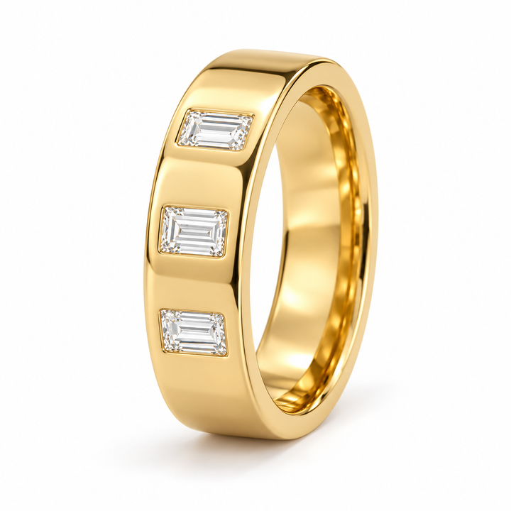 Three Stone Vertical Baguette Yellow Gold-Tone Band Ring