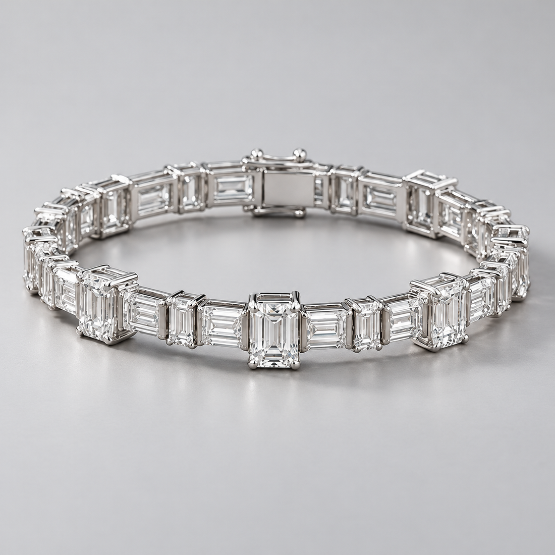 Silver-Tone Alternating Emerald-Cut and Baguette Stone Tennis Bracelet