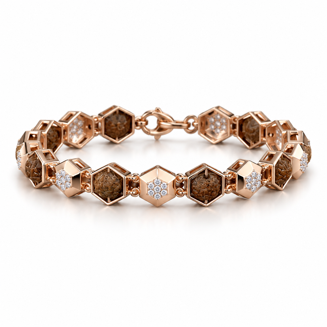 Rose Gold-Tone Hexagonal Brown Bead and Pavé Cluster Bracelet
