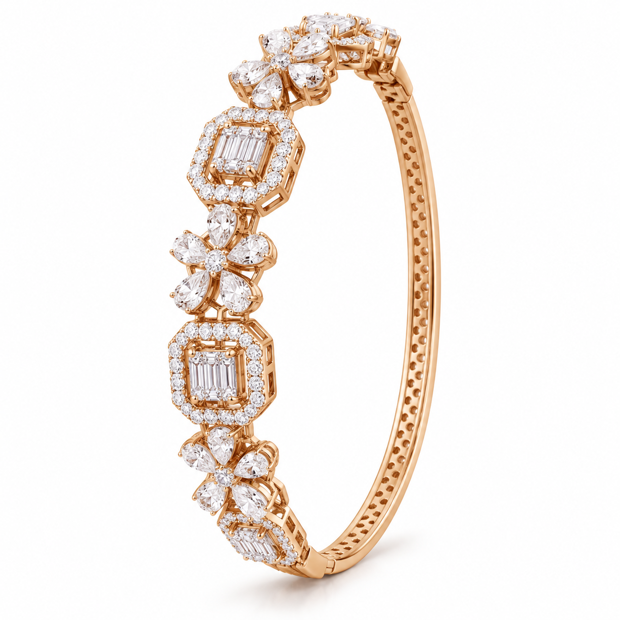 Pear-Cut Flower & Square Halo Gold-Tone Bangle Bracelet