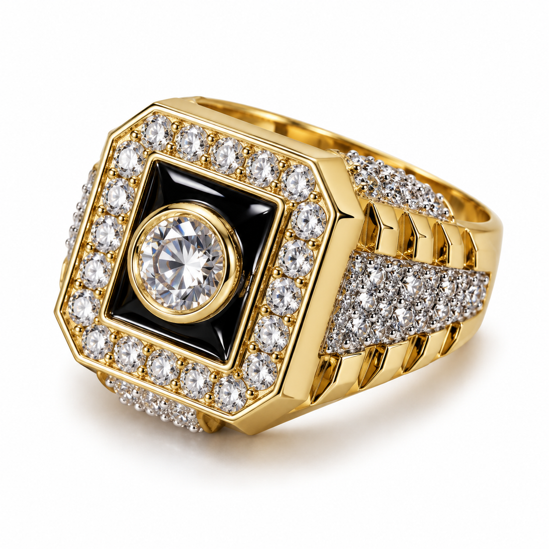 Black Square Round Stone Halo Iced Out Hip Hop Signet Ring