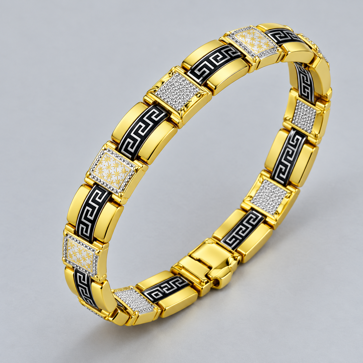 Gold-Tone Black Greek Key and Decorative Square Panel Link Bracelet
