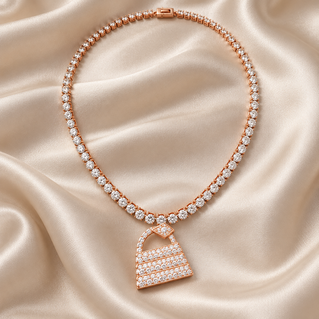 Rose Gold-Tone Tennis Necklace with Pavé Handbag Pendant