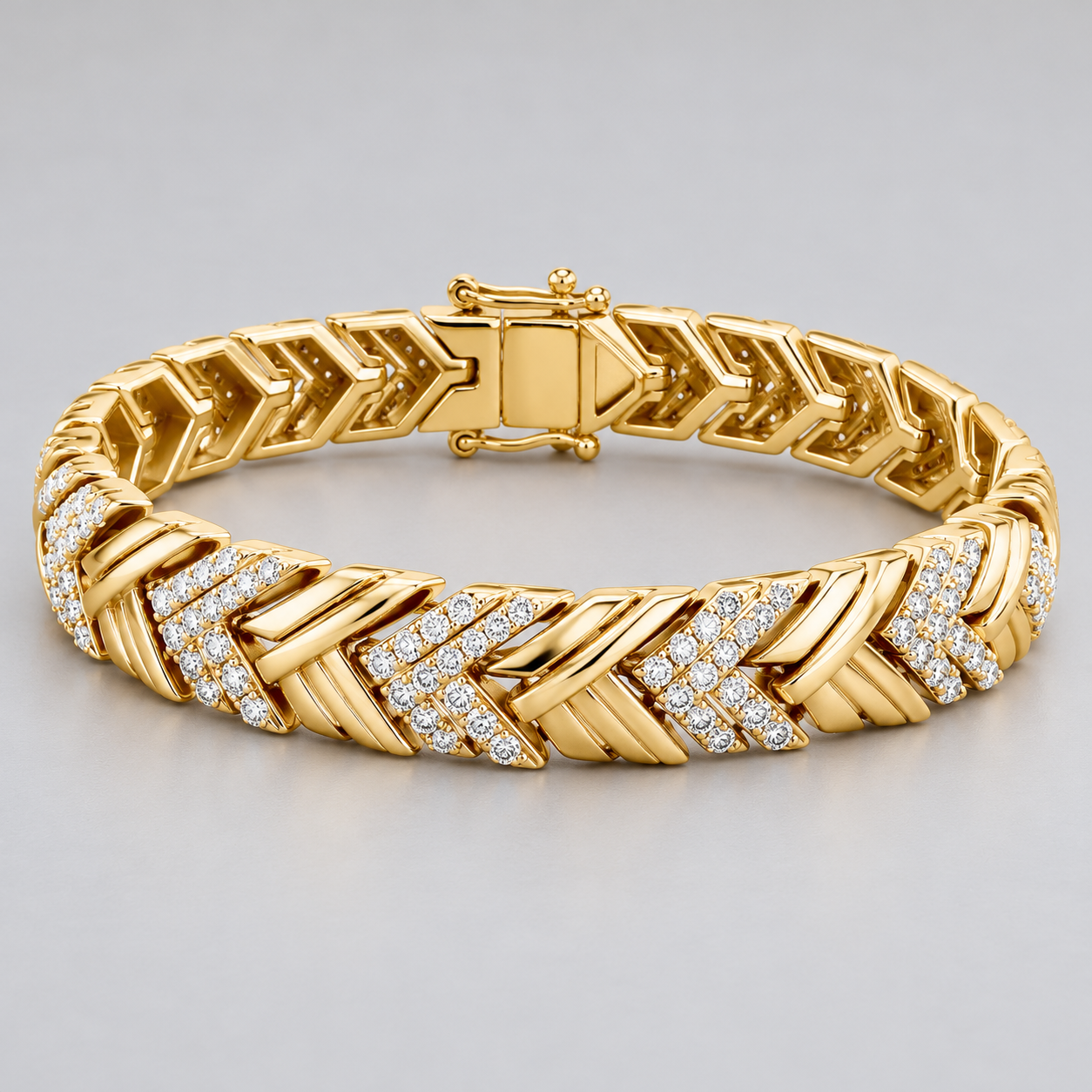 Yellow Gold-Tone Double Chevron Link Bracelet with Clear Stone Accents
