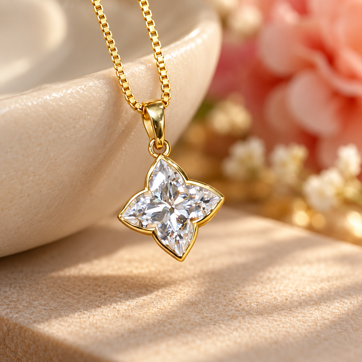 Four Marquise Cut Flower Yellow Gold Pendant Necklace
