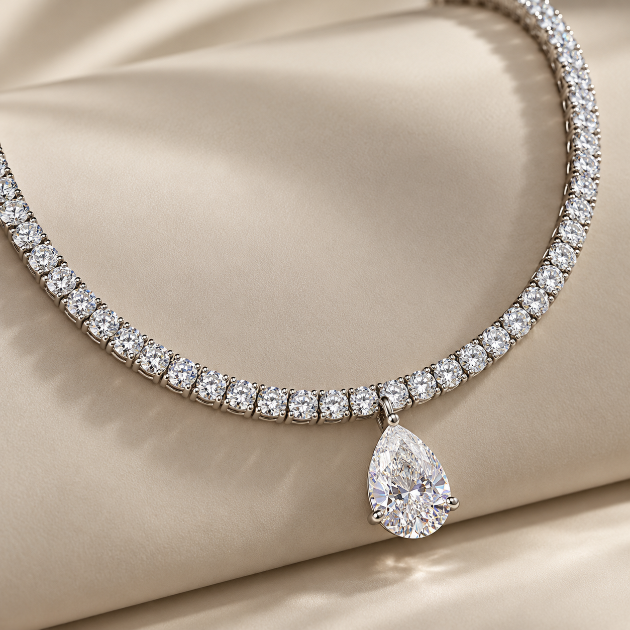 Gold Tennis NecklaceRound Cut Pear Drop White