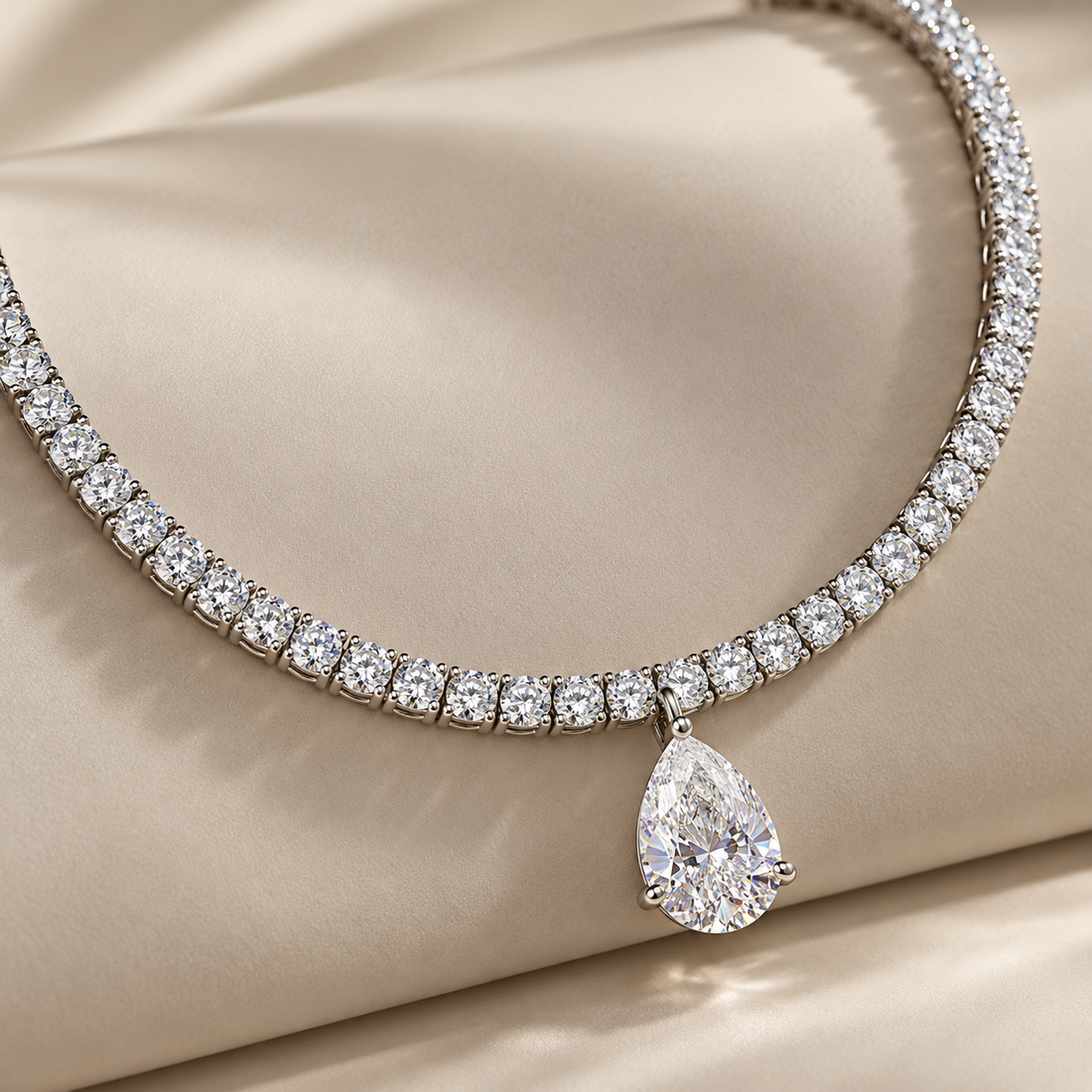 Gold Tennis NecklaceRound Cut Pear Drop White