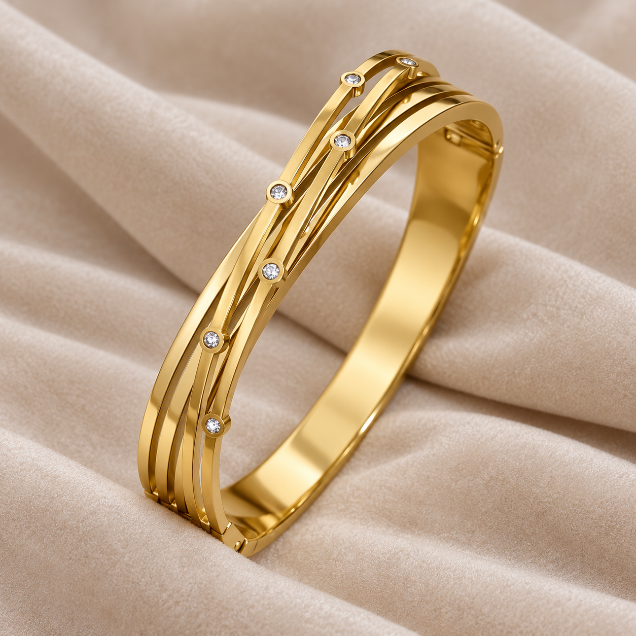 Clear Round Stone Crossover Multi-Row Yellow Gold-Tone Bangle Bracelet