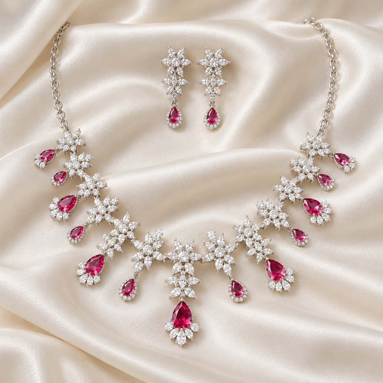 Pink Pear Drop Floral Cluster White-Tone Bridal Necklace and Earrings Set