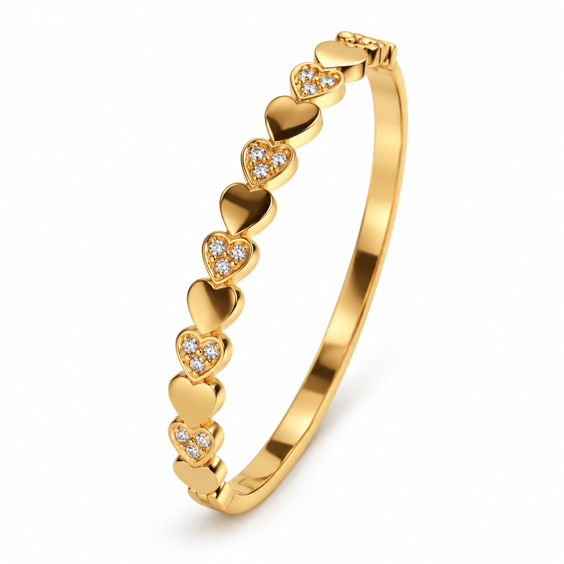 Alternating Heart Clear Stone Yellow Gold-Tone Bangle Bracelet