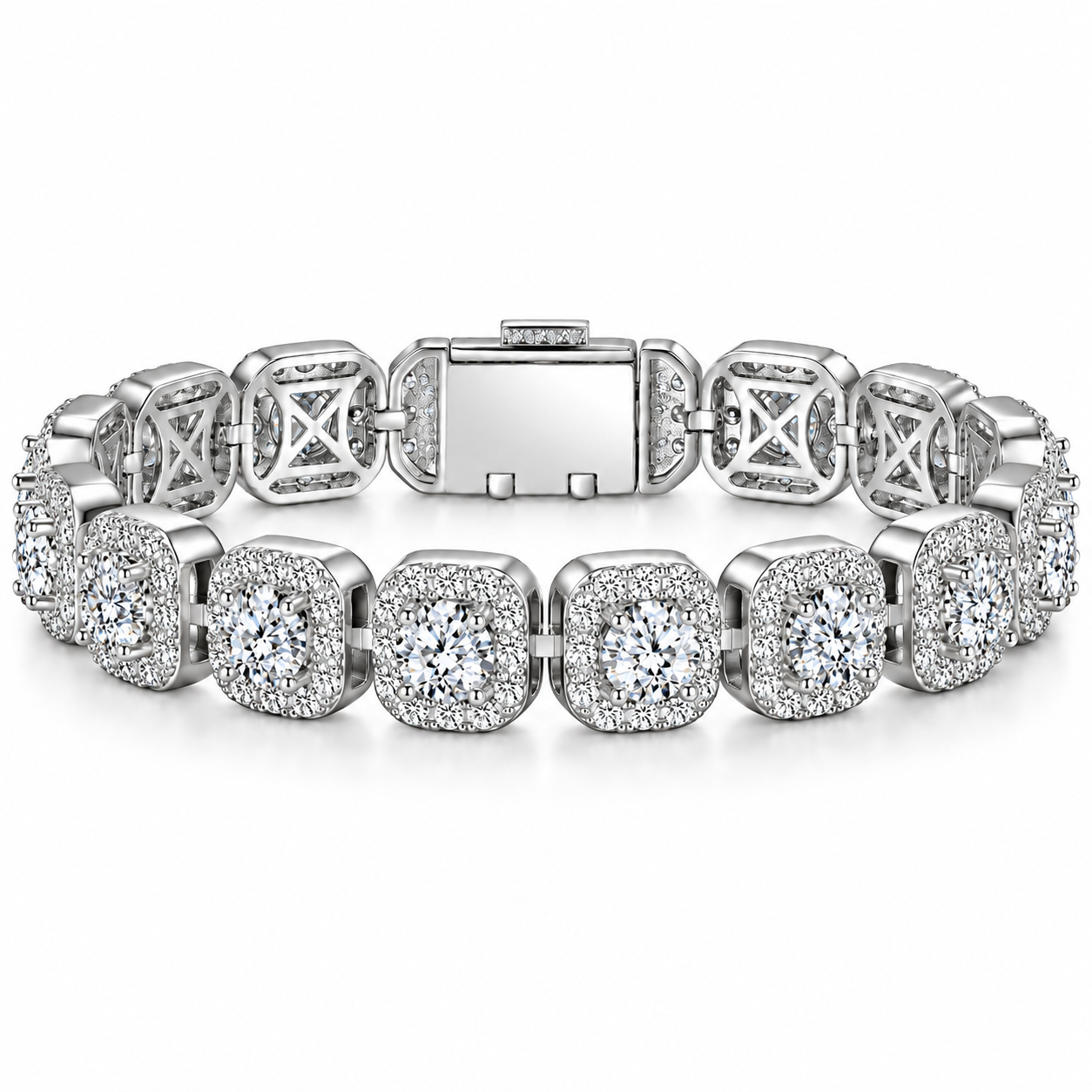 Iced Out Cushion Cut Halo Stone Bracelet | White Gold Hip Hop Jewelry
