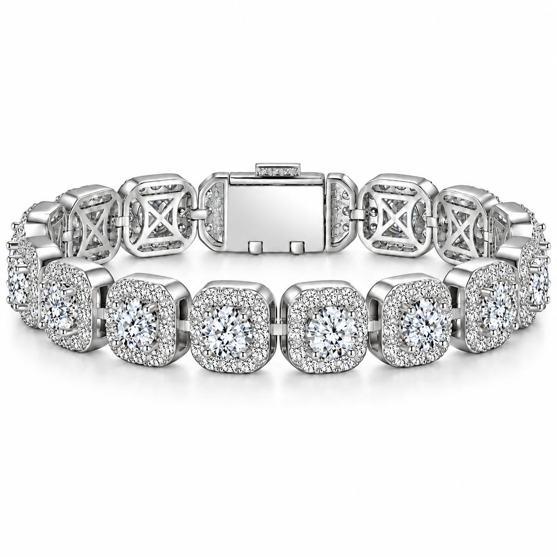 Iced Out Cushion Cut Halo Stone Bracelet | White Gold Hip Hop Jewelry