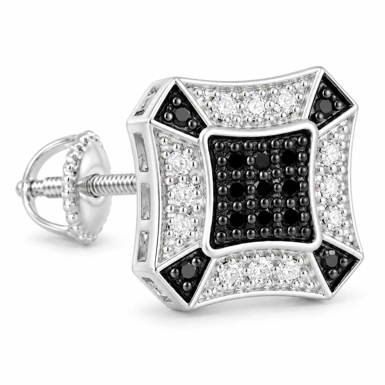 Men’s Black and Clear Stone Geometric Silver-Tone Screw-Back Stud Earring