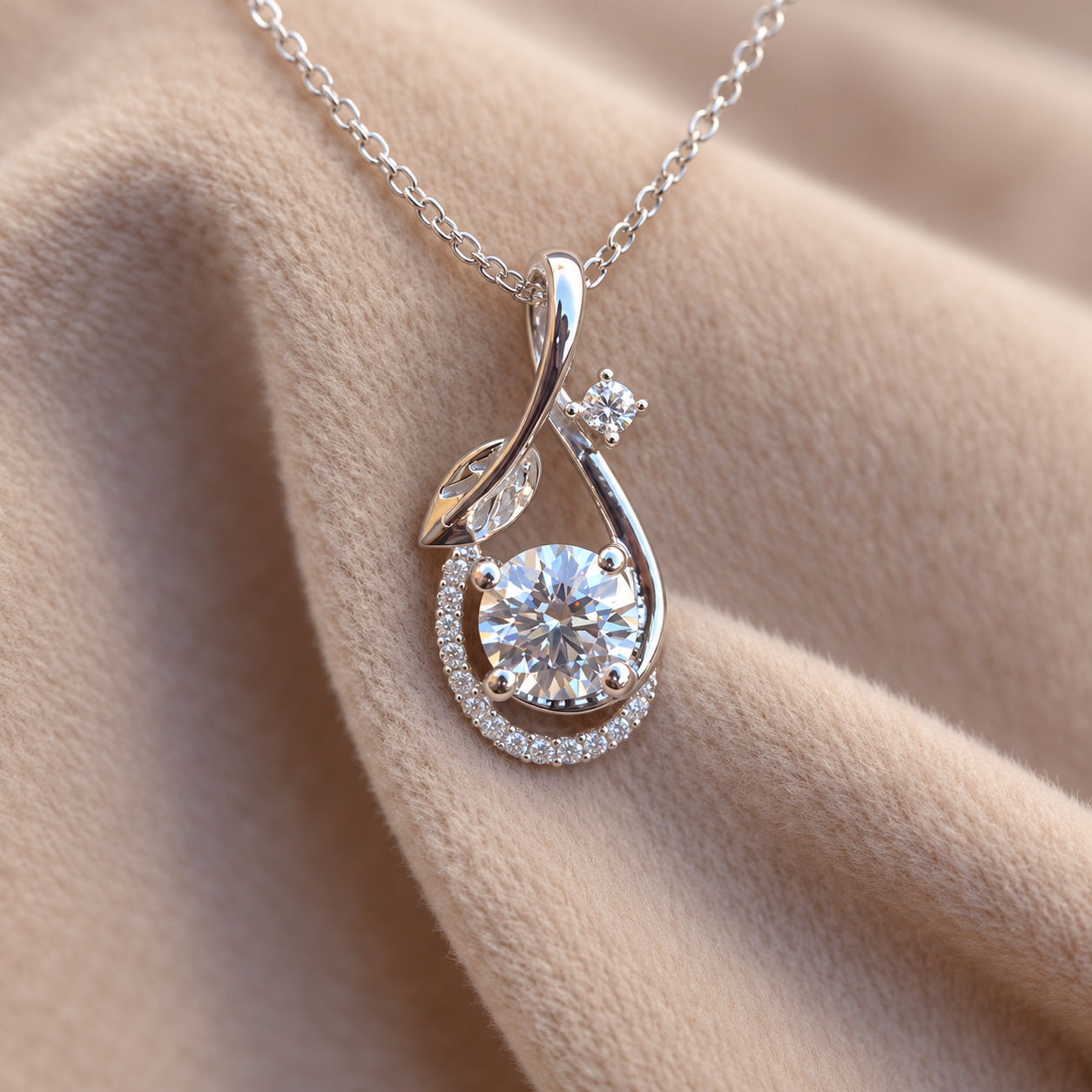 Round Cut Solitaire Leaf Swirl White Gold Pendant Necklace