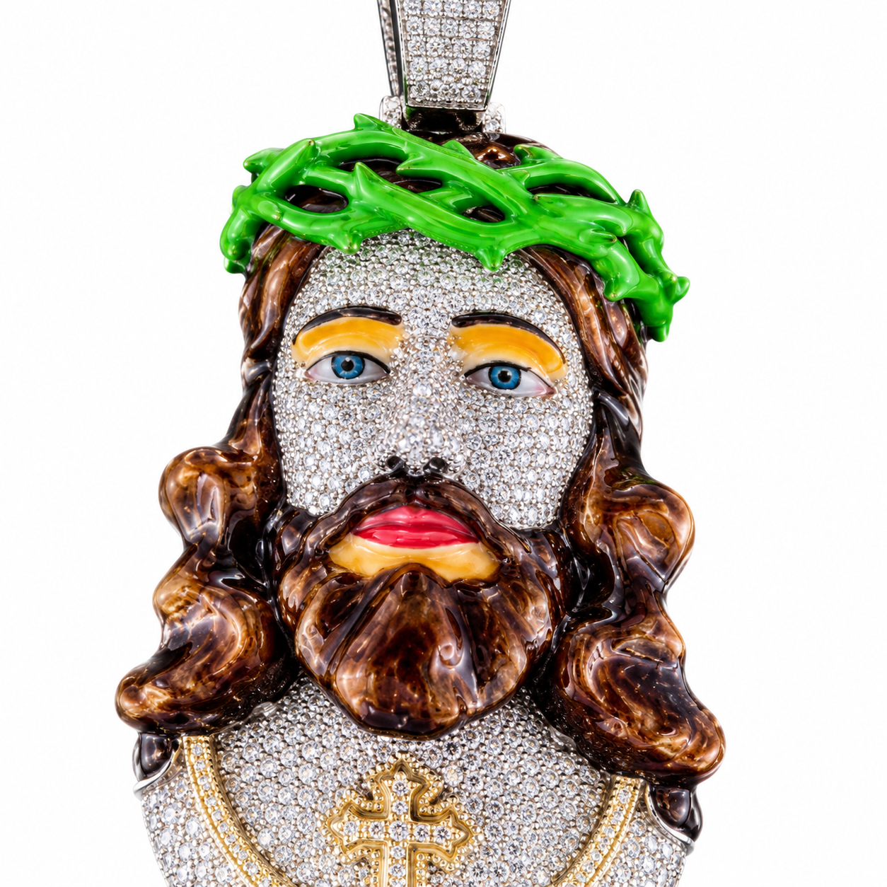Iced Out Jesus Christ Head Pendant | Multicolor Crown of Thorns Hip Hop Jewelry