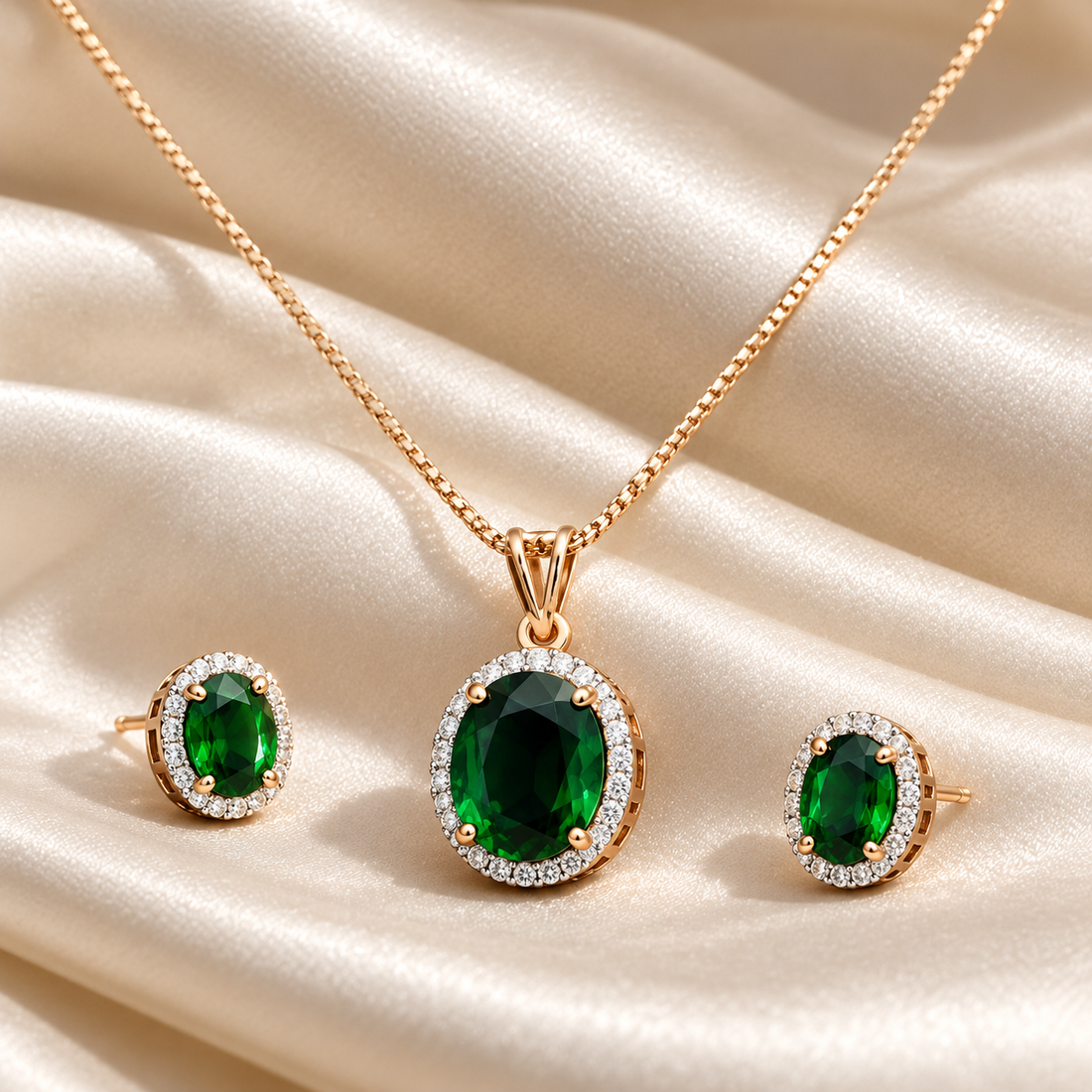 Oval Green Halo Yellow Gold-Tone Pendant and Stud Earrings Set