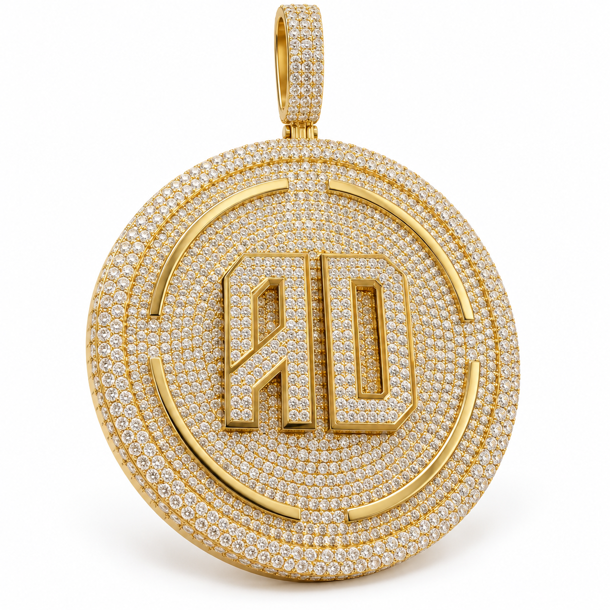 Custom AD Initial Round Medallion Pendant – Iced Out Gold Tone Hip Hop Jewelry