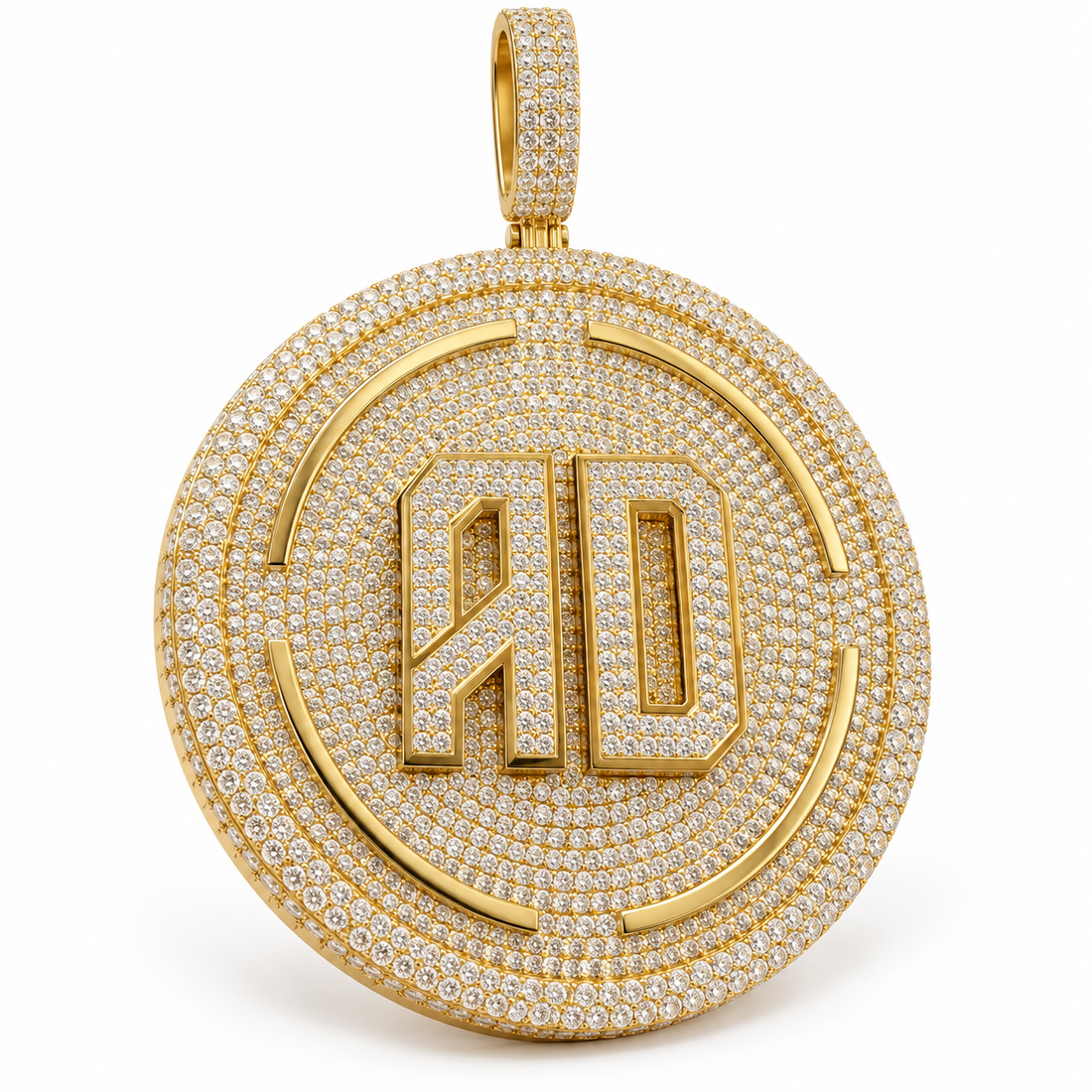 Custom AD Initial Round Medallion Pendant – Iced Out Gold Tone Hip Hop Jewelry