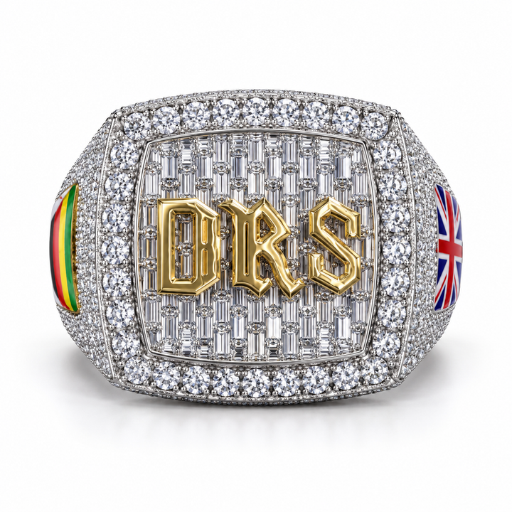 Custom Gothic Initial Baguette Iced Out Two Tone Ring – Flag Detail Hip Hop Jewelry