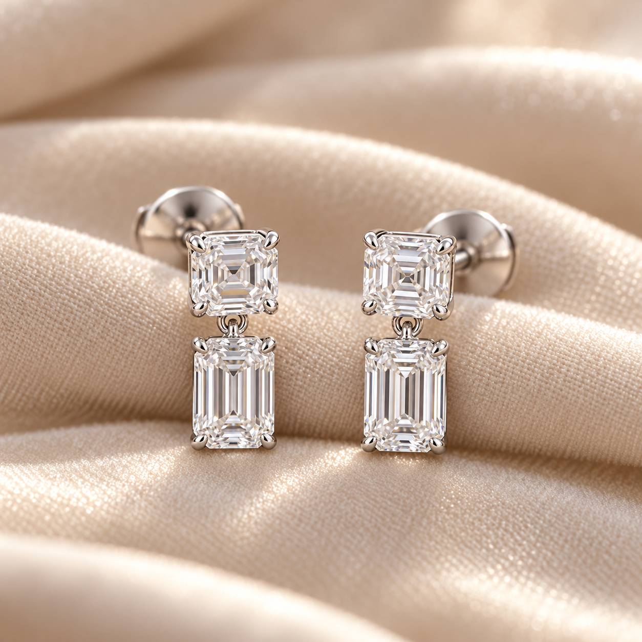 Asscher & Emerald Cut Two-Stone Drop Earrings with Screw Backs