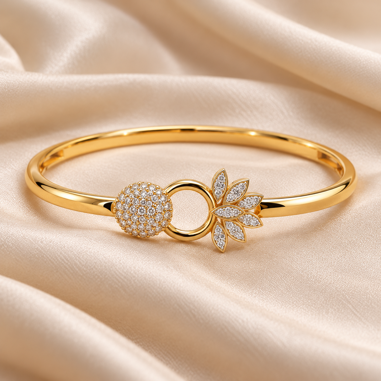 Yellow Gold-Tone Pavé Disc & Leaf Open Circle Bangle Bracelet