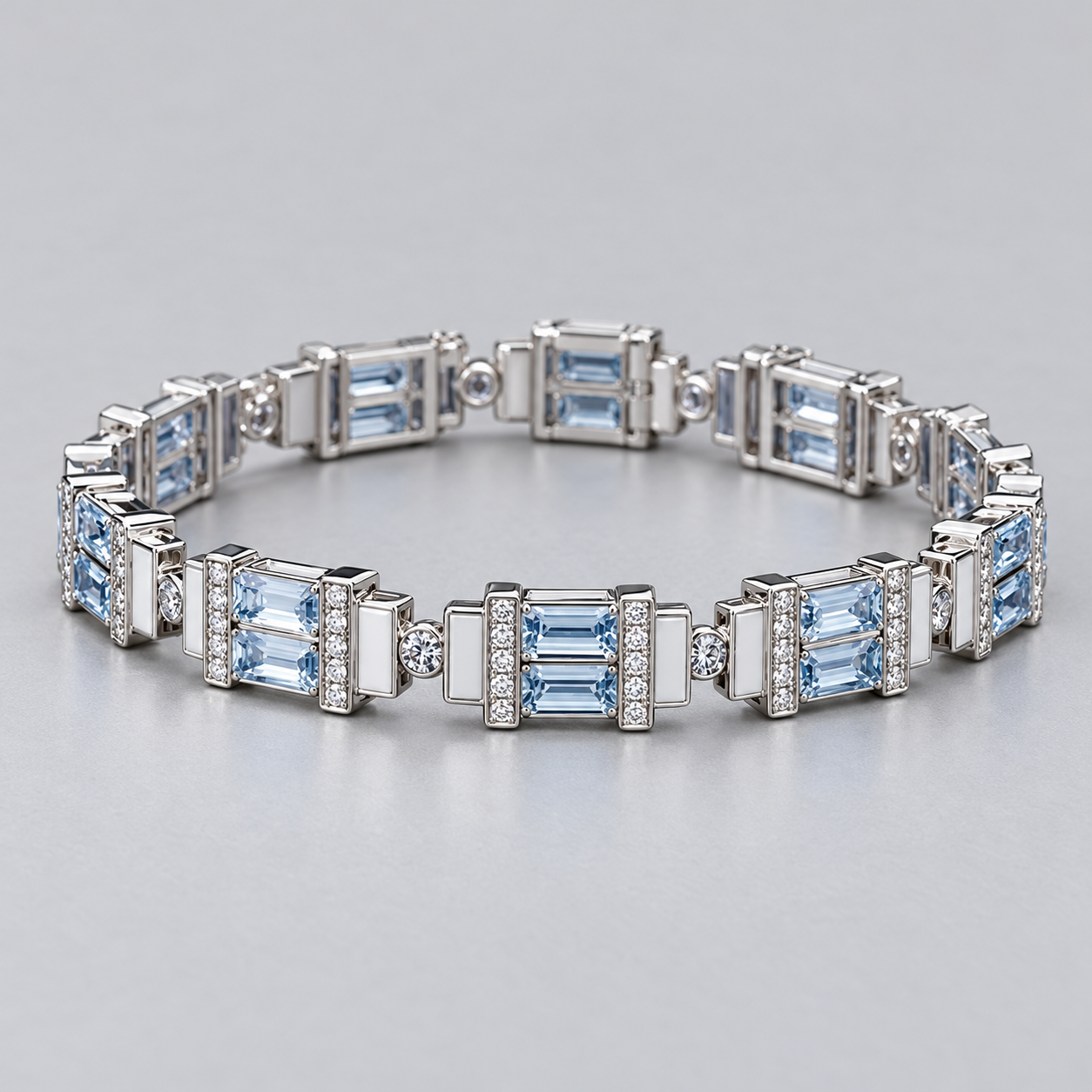 Silver-Tone Light Blue Emerald-Cut Double-Stone Geometric Link Bracelet