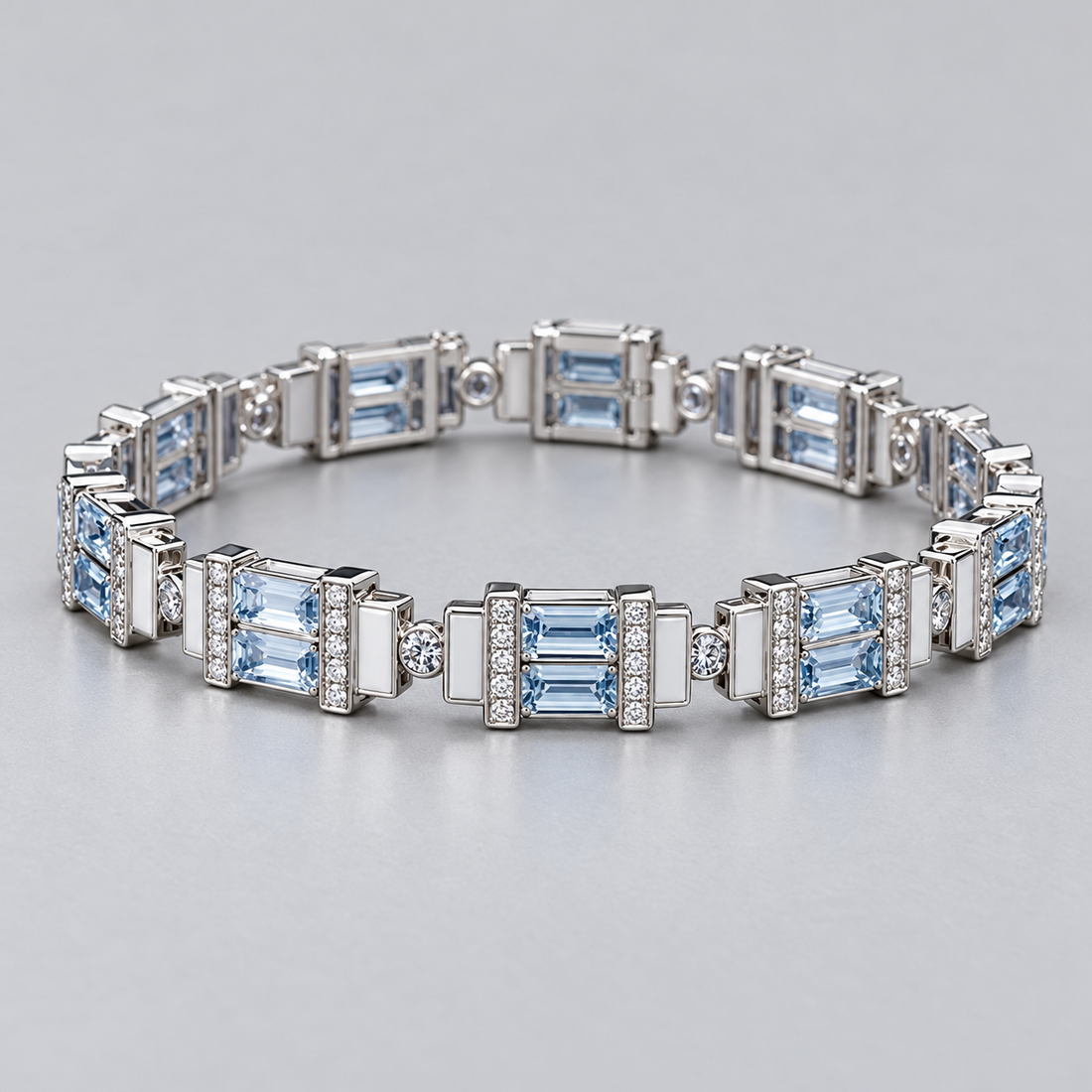 Silver-Tone Light Blue Emerald-Cut Double-Stone Geometric Link Bracelet