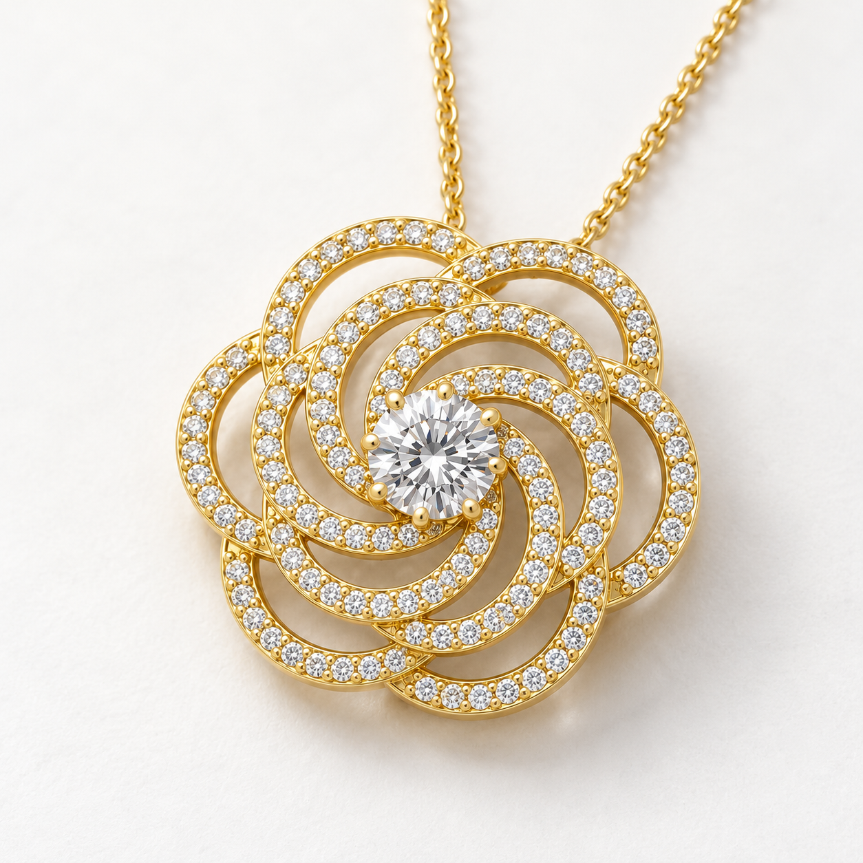 Round Cut Pavé Swirl Flower Yellow Gold Pendant Necklace