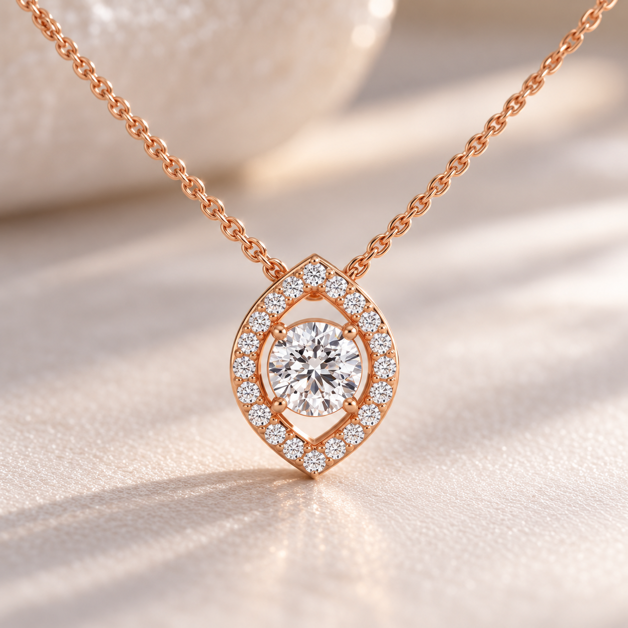 Round Cut Solitaire Marquise Halo Rose Gold Pendant Necklace