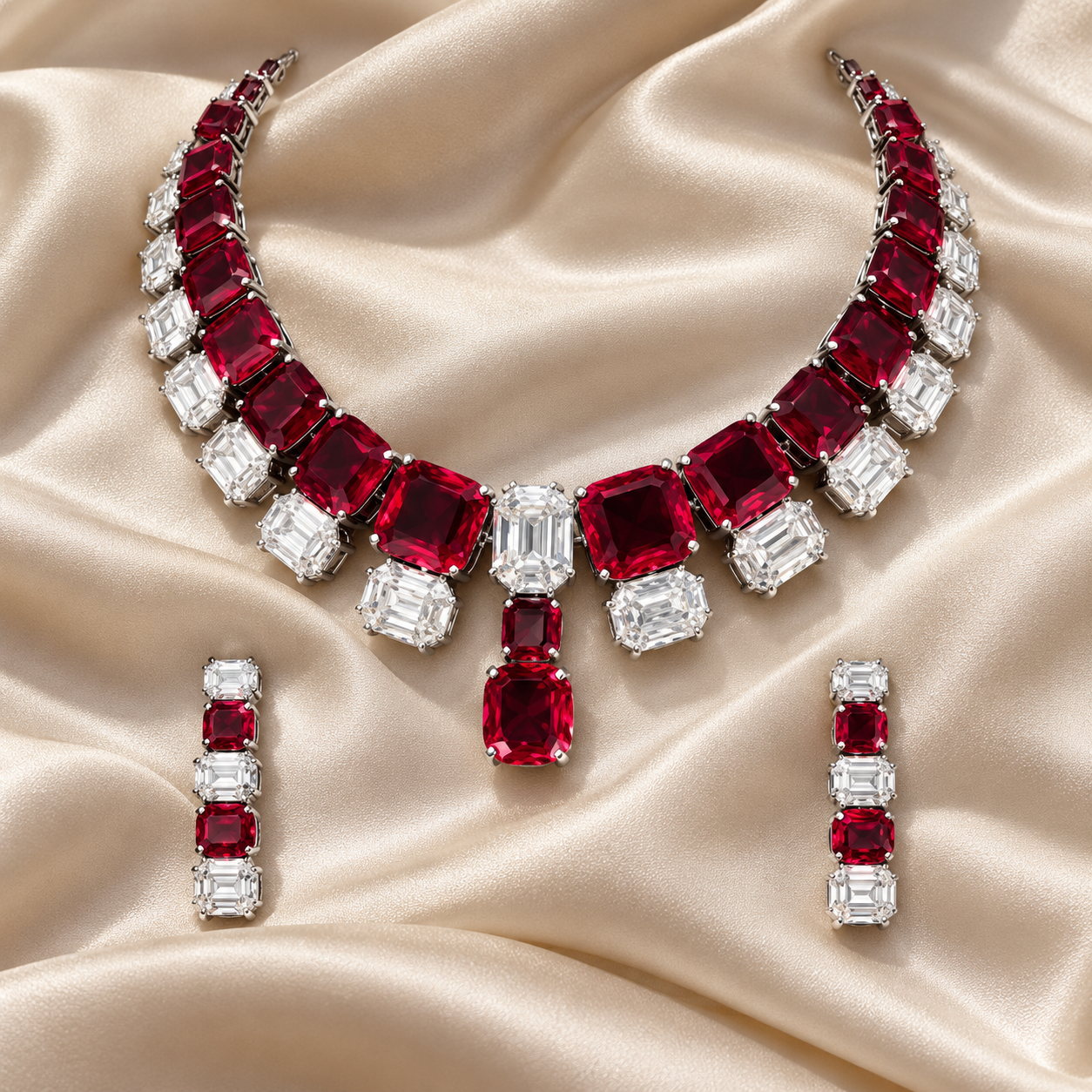 Deep Red and Clear Geometric Bridal Necklace and Drop Earrings Set