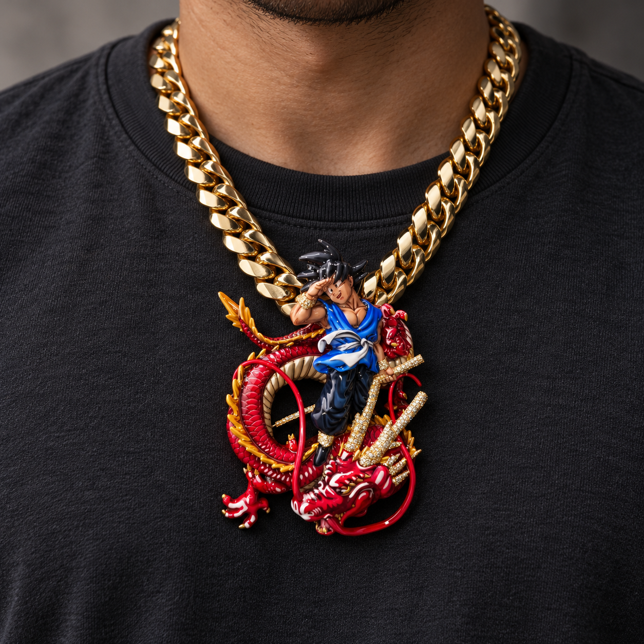 Anime Warrior and Red Dragon Pendant with Multicolor Detailing and Gold-Tone Stone Accents