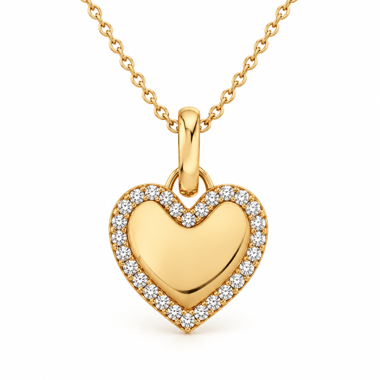 Round Cut Pavé Halo Heart Yellow Gold Pendant Necklace
