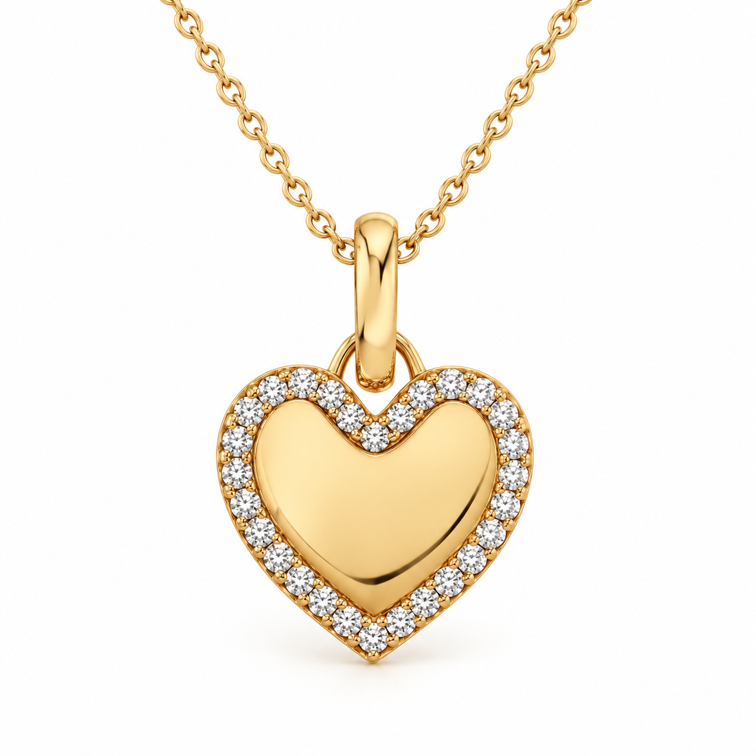 Round Cut Pavé Halo Heart Yellow Gold Pendant Necklace