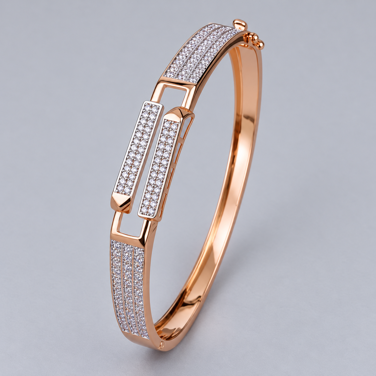 Rose Gold-Tone Double Bar Pavé Bangle with Three-Row Shoulders