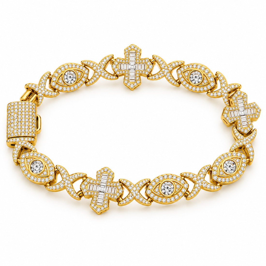 Iced Out Evil Eye & Cross Link Bracelet | Custom Hip Hop Jewelry