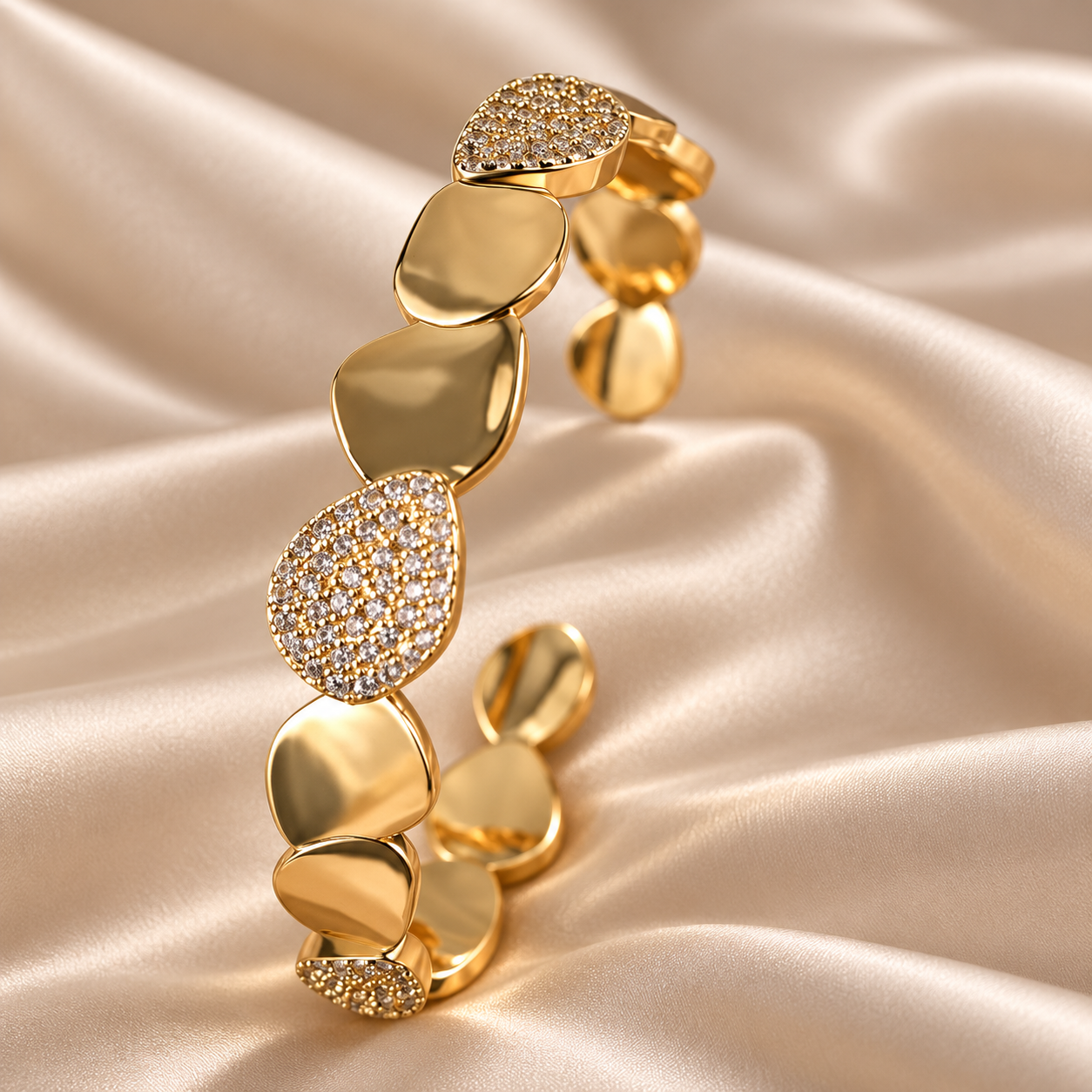 Clear Stone Pavé Pebble Yellow Gold-Tone Open Cuff Bracelet
