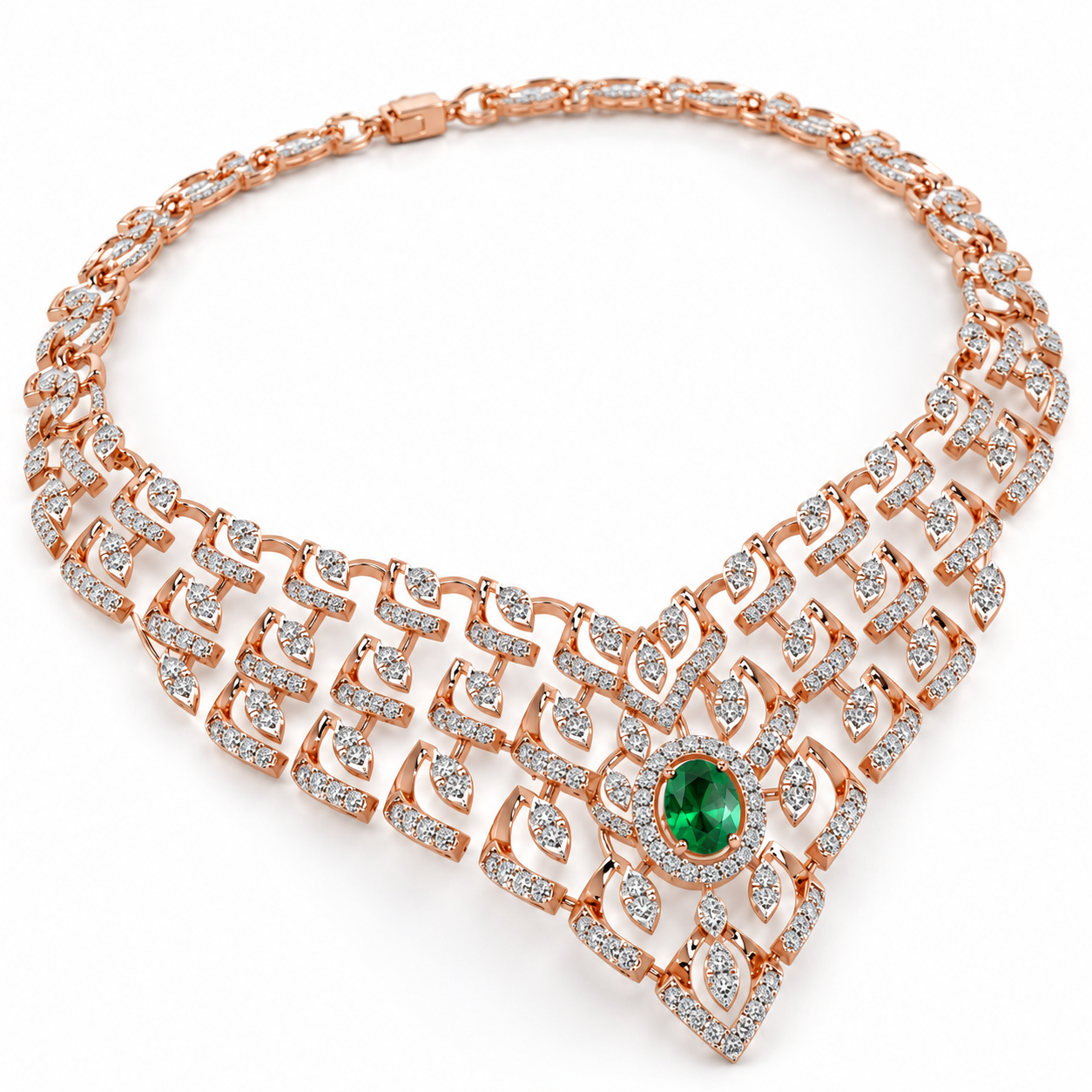 Green Oval Halo Rose Gold Geometric Bridal Statement Necklace
