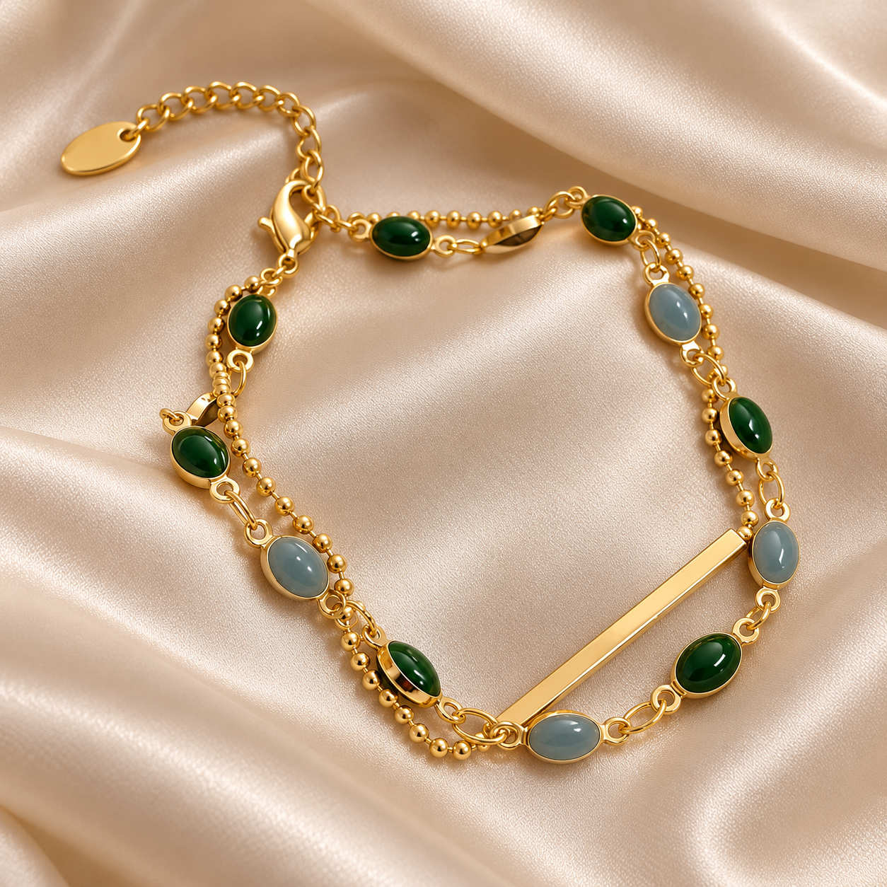Green & Blue-Gray Oval Cabochon Double Strand Gold-Tone Bracelet