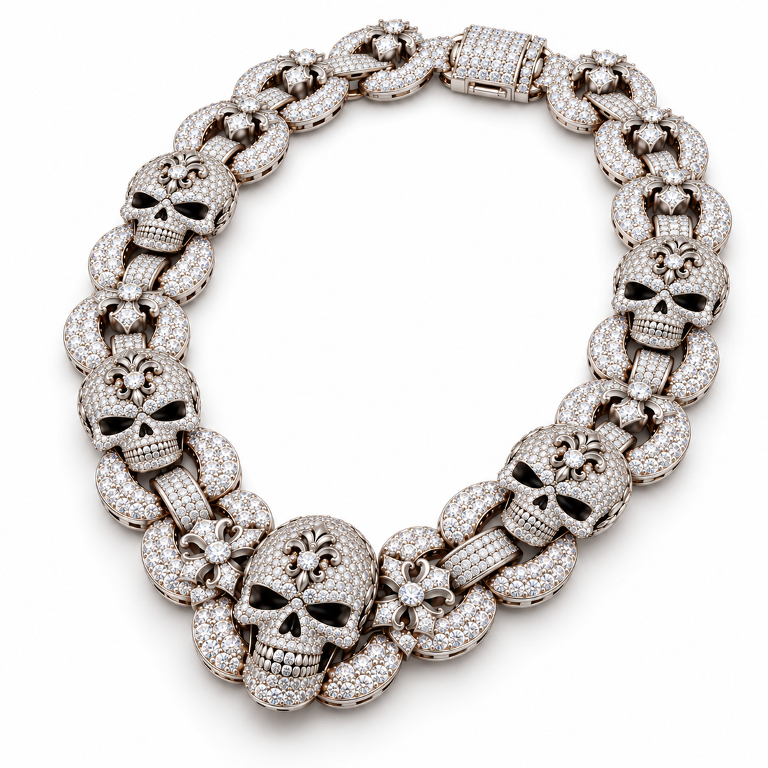 Iced Out Skull & Fleur-de-Lis Link Necklace | Custom Hip Hop Jewelry