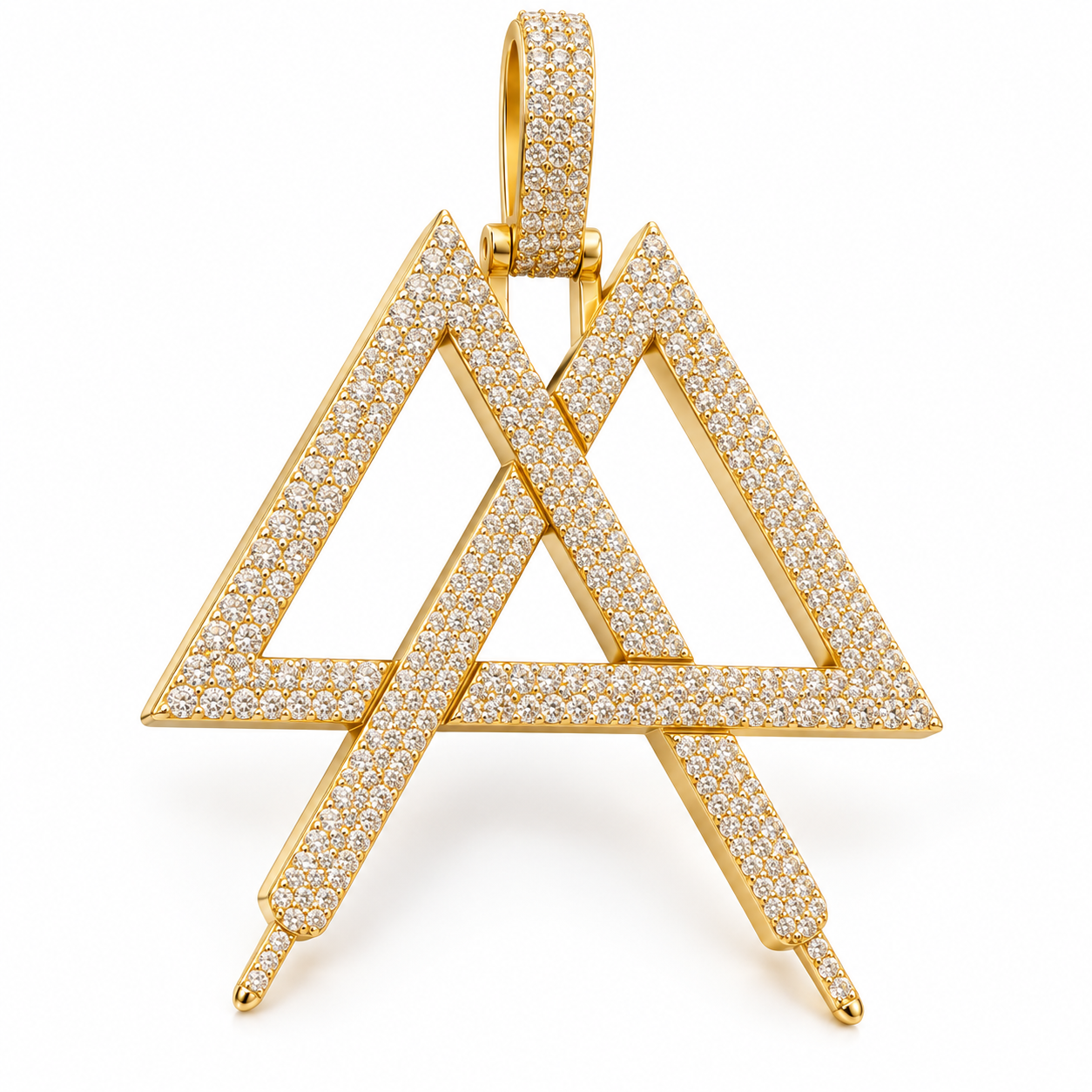 Iced Out Interlocking Double Triangle Pendant – Custom Gold Tone Hip Hop Jewelry