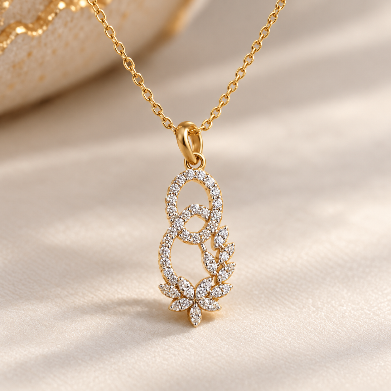Interlocking Oval Marquise Floral Yellow Gold Pendant Necklace