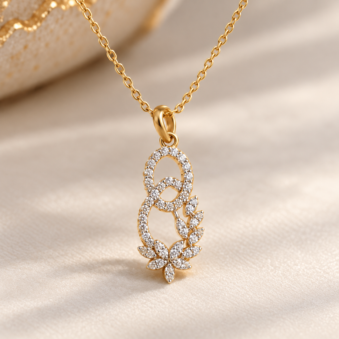 Interlocking Oval Marquise Floral Yellow Gold Pendant Necklace