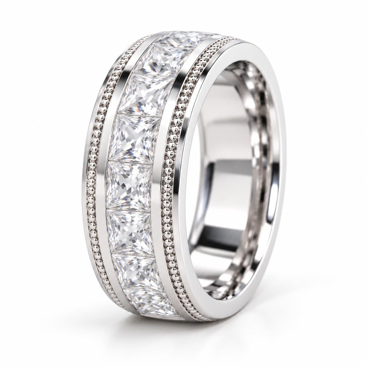 Princess Cut Channel Set White Metal Band Ring with Beaded Borders