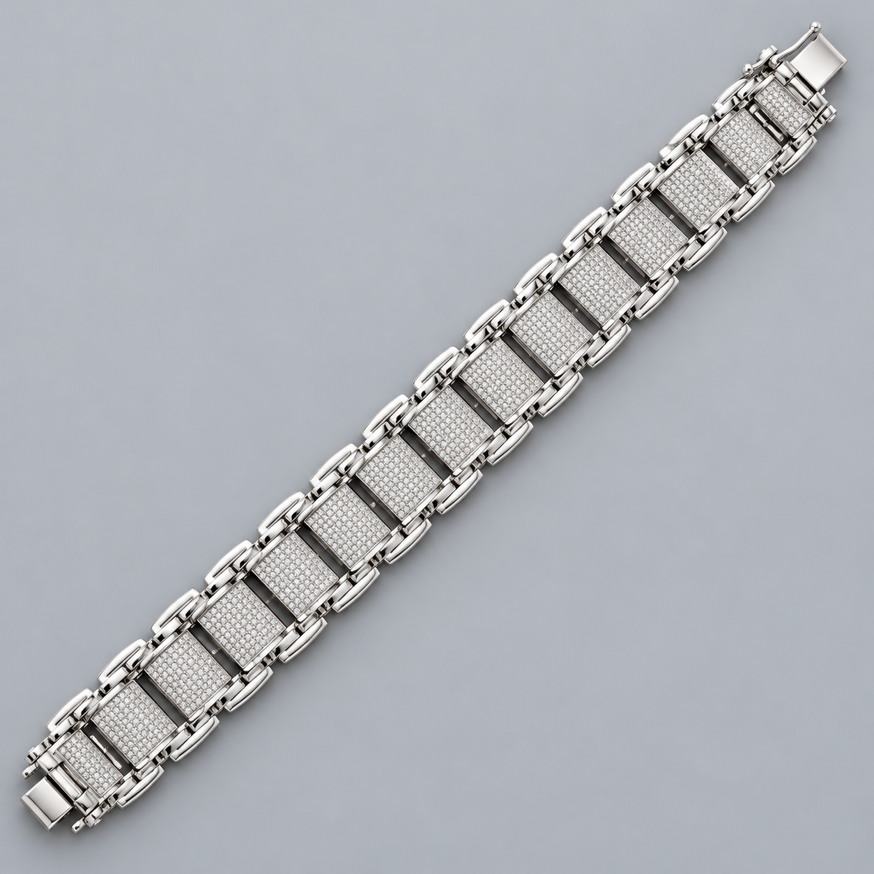 Men’s Silver-Tone Rectangular Pavé Panel Link Bracelet