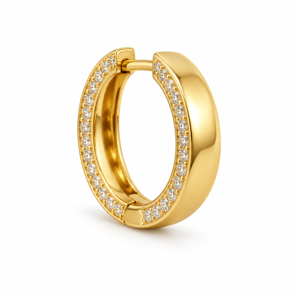 Men’s Single-Row Round Stone Yellow Gold-Tone Hoop Earring