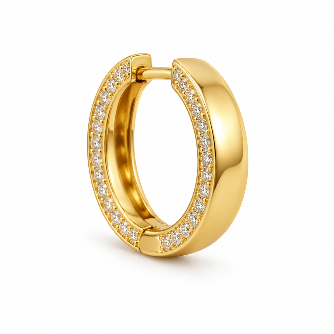 Men’s Single-Row Round Stone Yellow Gold-Tone Hoop Earring