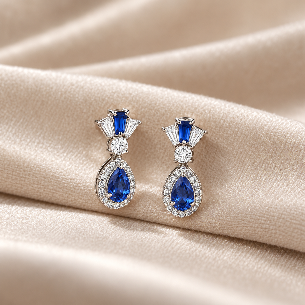 Blue Pear Halo Drop Earrings with Tapered Baguette Accents