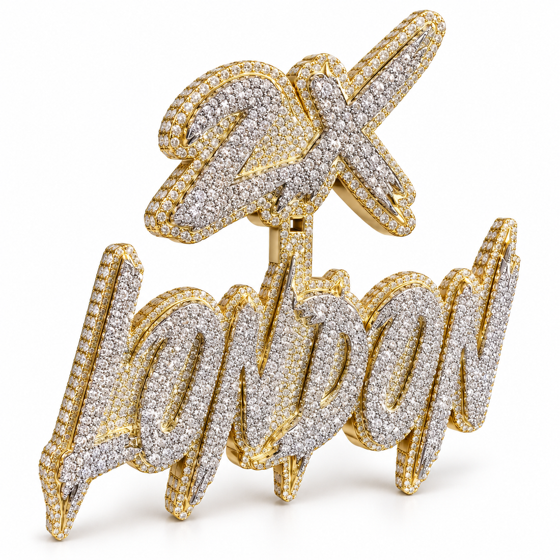 Custom 2X London Graffiti Name Iced Out Two Tone Pendant – Personalized Hip Hop Jewelry