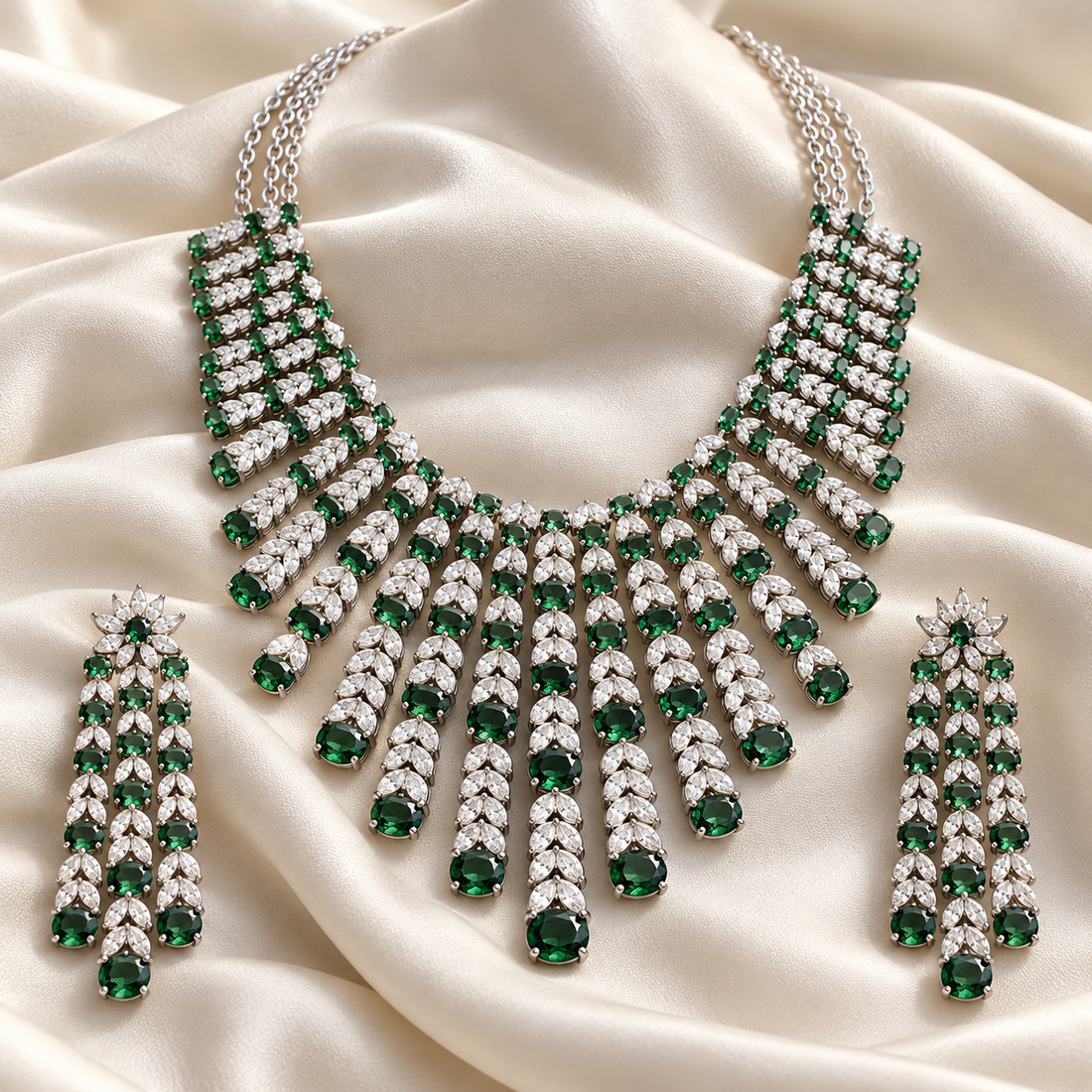 Green Stone and Marquise Leaf Fringe Bridal Necklace and Earrings Set