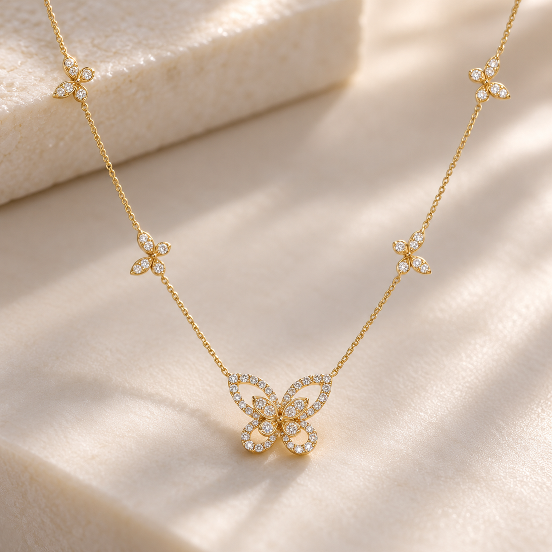 Five Butterfly Pavé Round Stone Yellow Gold Station Necklace